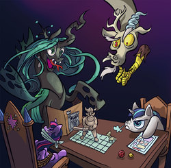 Size: 1200x1178 | Tagged: safe, artist:leavingcrow, discord, queen chrysalis, shining armor, twilight sparkle, alicorn, changeling, changeling queen, draconequus, pony, unicorn, g4, bondage, bound and gagged, castle grayskull, chair, cloth gag, dice, female, gag, roleplaying, tied up, twilight sparkle (alicorn)