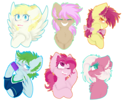 Size: 1011x830 | Tagged: safe, artist:vanillaswirl6, bifröst, fuchsia frost, lucky charm (g4), morning dew, strawberry scoop, summer breeze, earth pony, pegasus, pony, g4, background pony, blushing, bow, braid, bust, chest fluff, clothes, eyes closed, female, friendship student, hair bow, hair tie, jersey, one eye closed, open mouth, simple background, smiling, transparent background, water bottle, wink