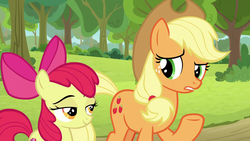 Size: 1920x1080 | Tagged: safe, screencap, apple bloom, applejack, earth pony, pony, g4, going to seed, apple sisters, bedroom eyes, cutie mark, duo, female, filly, foal, mare, raised hoof, siblings, sisters, smug, the cmc's cutie marks, tree