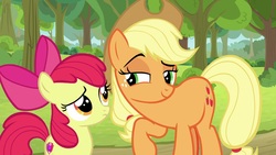 Size: 1920x1080 | Tagged: safe, screencap, apple bloom, applejack, earth pony, pony, g4, going to seed, cutie mark, female, filly, lidded eyes, the cmc's cutie marks, tree