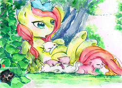 Size: 3335x2409 | Tagged: safe, artist:mashiromiku, fluttershy, cat, pony, g4, high res, nyan cat, patreon, patreon logo, traditional art, watercolor painting