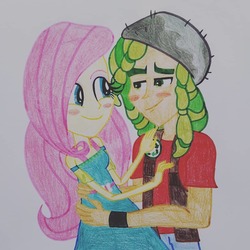 Size: 1080x1080 | Tagged: artist needed, safe, fluttershy, sandalwood, equestria girls, equestria girls series, g4, female, male, sandalshy, shipping, straight, traditional art