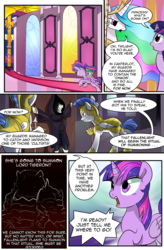 Size: 1800x2740 | Tagged: safe, artist:candyclumsy, princess celestia, spike, twilight sparkle, alicorn, pegasus, pony, comic:curse and madness, g4, armor, canterlot, cloak, clothes, comic, day, guard, mlpcam, royal guard armor, stained glass, text, text bubbles, twilight sparkle (alicorn)