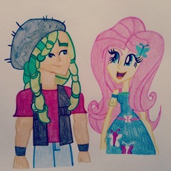 Size: 1080x1080 | Tagged: artist needed, safe, fluttershy, sandalwood, equestria girls, g4, my little pony equestria girls: better together, breasts, female, male, sandalshy, shipping, straight, traditional art