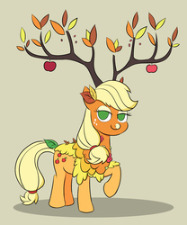 Size: 1000x1200 | Tagged: safe, artist:mew-me, applejack, the great seedling, pony, g4, going to seed, branches for antlers, clothes, cosplay, costume, female, leaf, lidded eyes, looking at you, no catchlights, no pupils, seedlingjack, solo