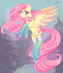 Size: 2592x3000 | Tagged: safe, artist:xjenn9, fluttershy, pegasus, pony, g4, blushing, clothes, cute, female, flying, high res, looking at you, looking sideways, magic, mare, shyabetes, socks, solo, spread wings, thigh highs, three quarter view, wings