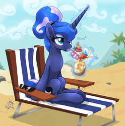 Size: 2392x2413 | Tagged: safe, artist:joakaha, princess luna, alicorn, pony, between dark and dawn, g4, alternate hairstyle, beach, beach chair, chair, cute, drink, drink umbrella, drinking, female, food, herbivore, high res, lunabetes, magic, mare, palm tree, pineapple, pineapple cup, silly straw, sitting, solo, telekinesis, tree