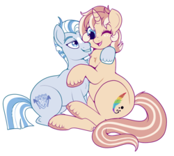Size: 1072x959 | Tagged: safe, artist:lulubell, oc, oc only, oc:frost, oc:lulubell, earth pony, pony, unicorn, female, frostbell, male, mare, oc x oc, shipping, simple background, snuggling, stallion, straight, transparent background