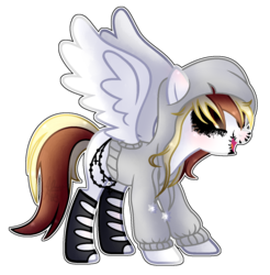Size: 1368x1392 | Tagged: safe, artist:rukemon, oc, oc only, oc:raggy, demon, demon pony, original species, pegasus, pony, black sclera, blank flank, clothes, colored sclera, female, hoodie, mare, markings, open mouth, simple background, socks, solo, stockings, thigh highs, torn clothes, transparent background