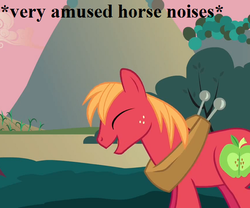Size: 540x450 | Tagged: safe, edit, edited screencap, editor:korora, screencap, big macintosh, earth pony, pony, g4, hearts and hooves day (episode), amused, apple tree, cropped, descriptive noise, horse collar, horse noises, laughing, macabetes, reaction image, tree