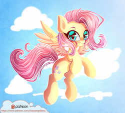 Size: 1100x1000 | Tagged: safe, artist:chaosangeldesu, fluttershy, pegasus, pony, g4, cloud, cute, female, flying, looking at you, mare, patreon, patreon logo, shyabetes, sky, smiling, solo, spread wings, stray strand, three quarter view, wings