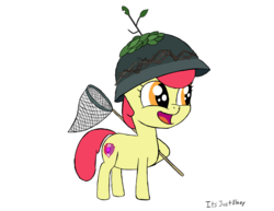 Size: 3300x2550 | Tagged: safe, artist:scooterplus, apple bloom, earth pony, pony, g4, going to seed, adorabloom, cute, cutie mark, female, filly, helmet, high res, leaf, net, open mouth, simple background, solo, the cmc's cutie marks, white background