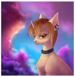 Size: 1280x1318 | Tagged: safe, artist:bastet-catmew, oc, oc only, pony, unicorn, bust, choker, ear piercing, male, one eye closed, piercing, portrait, solo, spiked choker, stallion, tongue out, wink