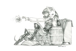 Size: 1400x945 | Tagged: safe, artist:baron engel, part of a set, rarity, unicorn, anthro, unguligrade anthro, g4, bag, bard, barrel, boots, breasts, busty rarity, clothes, crossover, dungeons and dragons, fantasy class, female, grayscale, levitation, magic, mare, monochrome, pants, part of a series, patreon, patreon reward, pen and paper rpg, pencil drawing, rpg, shoes, simple background, smirk, solo, sword, telekinesis, thief, traditional art, weapon, white background