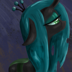 Size: 1500x1500 | Tagged: safe, artist:t72b, derpibooru exclusive, queen chrysalis, changeling, changeling queen, abstract background, bust, female, lidded eyes, looking away, portrait, quadrupedal, sad, solo