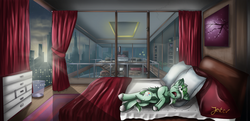Size: 3310x1601 | Tagged: safe, artist:jesterpi, oc, oc only, oc:jester pi, pegasus, pony, bed, city, curtains, furniture, glass, green, horn, manehattan, shadow, sleeping, solo, stairs, sunrise, window, wings