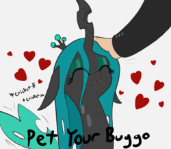 Size: 1500x1300 | Tagged: safe, artist:t72b, derpibooru exclusive, queen chrysalis, oc, changeling, changeling queen, human, pony, g4, buggo, changelings in the comments, chirping, cute, cute bug noises, cutealis, disembodied hand, eye clipping through hair, eyes closed, eyeshadow, female, flapping, floppy ears, fluttering, gray background, hand, happy, heart, human on pony petting, makeup, mare, offscreen character, offscreen human, onomatopoeia, open mouth, petting, quadrupedal, simple background, smiling, solo focus, text, white background