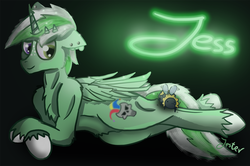Size: 1503x1000 | Tagged: safe, artist:jesterpi, oc, oc only, oc:buzbuz, oc:jester pi, bee, pegasus, pony, abstract background, doodle, glowing, horn, on side