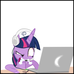 Size: 2000x2000 | Tagged: safe, artist:ace play, twilight sparkle, alicorn, pony, comic:twilight vs. computer, g4, angry, annoyed, bloodshot eyes, computer, computer mouse, female, headphones, headset, high res, laptop computer, simple background, snorting, solo, twilight sparkle (alicorn), white background