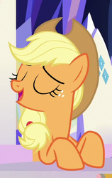 Size: 319x504 | Tagged: safe, screencap, applejack, earth pony, pony, g4, sparkle's seven, applejack's hat, cowboy hat, cropped, eyes closed, female, hat, rarity's cutie mark, smiling