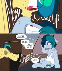Size: 1029x1185 | Tagged: safe, artist:shinodage, oc, oc:apogee, oc:delta vee, pegasus, pony, 2 panel comic, boop, comic, cute, dialogue, duo, eye clipping through hair, female, filly, floppy ears, heart, hopping, mare, mother and daughter, noseboop, on back, onomatopoeia, sleepy, speech bubble, waking up