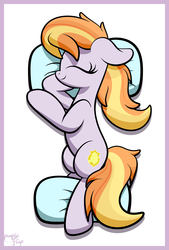 Size: 2100x3100 | Tagged: dead source, safe, artist:php142, copper top, earth pony, pony, g4, alternate hairstyle, commission, cute, eyes closed, female, high res, lying down, on side, pillow, smiling, solo