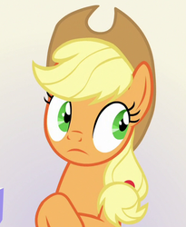 Size: 486x593 | Tagged: safe, screencap, applejack, earth pony, pony, g4, sparkle's seven, applejack's hat, cowboy hat, cropped, female, hat, mare, nervous, solo