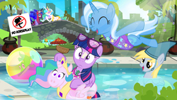 Size: 3840x2160 | Tagged: safe, artist:pixelkitties, derpy hooves, gummy, orange frog, princess celestia, princess luna, trixie, twilight sparkle, alicorn, pony, g4, ball, bridge, crepuscular rays, derp, high res, implied pinkie pie, pool toy, shark fin, sign, sunburn, sunglasses, swimming pool, this will end in pain, twilight sparkle (alicorn), umbrella, unamused, water, wide eyes