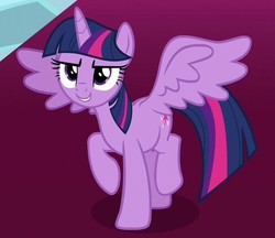 Size: 720x621 | Tagged: safe, screencap, twilight sparkle, alicorn, pony, g4, sparkle's seven, cropped, female, mare, raised hoof, smiling, spread wings, twilight sparkle (alicorn), wings