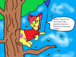 Size: 1034x773 | Tagged: safe, artist:goofermutt, apple bloom, bee, fanfic:apple the bloom, g4, balloon, bloom butt, cutie mark, disney, fanfic, fimfiction, harsher in hindsight, red shirt, stuck, the ass was fat, the cmc's cutie marks, tree, winnie the pooh