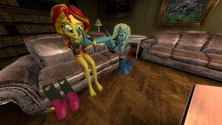 Size: 1366x768 | Tagged: safe, artist:roseomary, sunset shimmer, trixie, equestria girls, g4, 3d, barefoot, boots, couch, cute, feet, fetish, shoes, tickle fetish, tickling