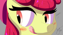 Size: 2560x1440 | Tagged: safe, artist:jimmy draws, apple bloom, earth pony, pony, g4, blushing, cute, eye, eyes, face, female, foal, licking, licking lips, mane, smiling, solo, tongue out