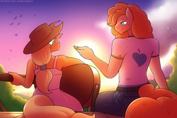 Size: 2000x1333 | Tagged: safe, artist:marik azemus34, applejack, pear butter, earth pony, anthro, unguligrade anthro, g4, applebetes, applejack's hat, clothes, cowboy hat, duo, female, guitar, hat, jeans, mare, mother and daughter, musical instrument, open mouth, pants, shirt, sitting, smiling, sunset, younger