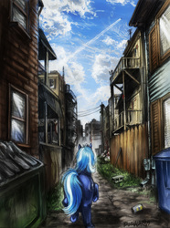 Size: 596x800 | Tagged: safe, artist:balthasar999, oc, oc only, pony, unicorn, fanfic:p-theory, alley, dumpster, fanfic, fanfic art, fanfic cover, fence, pencil drawing, pony on earth, traditional art