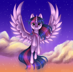 Size: 1638x1600 | Tagged: safe, artist:flyingpony, twilight sparkle, alicorn, pony, g4, beautiful, cloud, female, flying, mare, sky, smiling, solo, spread wings, stars, twilight (astronomy), twilight at twilight, twilight sparkle (alicorn), windswept mane, windswept tail, wings