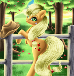 Size: 996x1024 | Tagged: safe, artist:flyingpony, applejack, earth pony, pony, g4, apple, apple tree, female, fence, food, looking back, mare, smiling, solo, sweet apple acres, tree