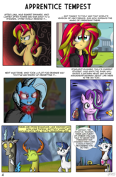 Size: 3118x4762 | Tagged: safe, artist:zsparkonequus, discord, shining armor, starlight glimmer, sunset shimmer, thorax, trixie, changedling, changeling, draconequus, pony, unicorn, comic:apprentice tempest, equestria girls, g4, alicorn amulet, cloak, clothes, comic, flashback, king thorax, office, reformed four, speech bubble