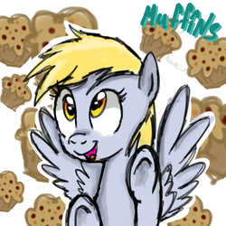Size: 800x800 | Tagged: safe, artist:mirtash, derpy hooves, pegasus, pony, rcf community, g4, cute, female, food, happy, mare, muffin, smiling, solo, spread wings, that pony sure does love muffins, wings