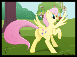 Size: 1336x994 | Tagged: safe, artist:lichfang, fluttershy, pegasus, pony, g4, butt, cute, female, flutterbutt, fluttershy's cottage, looking at you, looking back, looking back at you, mare, plot, shyabetes, solo, tree