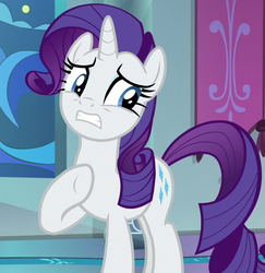 Size: 701x720 | Tagged: safe, screencap, rarity, pony, unicorn, g4, the beginning of the end, aside glance, cropped, female, looking sideways, mare, nervous, raised hoof, solo