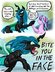 Size: 720x937 | Tagged: safe, artist:texasuberalles, queen chrysalis, starlight glimmer, changeling, changeling queen, pony, unicorn, g4, to where and back again, comic, duo, fangs, female, mare, open mouth, speech bubble, tongue out