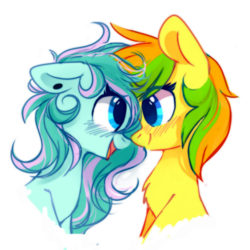 Size: 1400x1400 | Tagged: safe, artist:mirtash, oc, oc only, oc:sunflower summershine, oc:velvet hope, pony, rcf community, blushing, duo, female, mare, simple background, smiling, white background