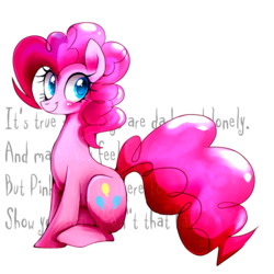 Size: 1000x1000 | Tagged: safe, artist:mirtash, pinkie pie, earth pony, pony, rcf community, g4, blushing, cute, female, lyrics, mare, simple background, sitting, smile song, solo, text, transparent background