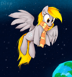 Size: 2800x3000 | Tagged: safe, artist:mirtash, derpy hooves, pegasus, pony, rcf community, g4, clothes, female, high res, mare, planet, scarf, solo, space, spread wings, stars, wings