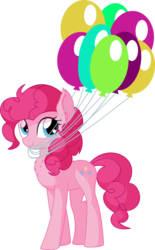 Size: 5077x8207 | Tagged: safe, artist:cyanlightning, pinkie pie, earth pony, pony, g4, .svg available, absurd resolution, balloon, chest fluff, cute, diapinkes, ear fluff, female, hat, looking at you, mare, mouth hold, simple background, smiling, solo, transparent background, vector