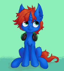 Size: 1600x1789 | Tagged: safe, artist:orchidpony, oc, oc only, oc:cyberpon3, pony, unicorn, ear fluff, headphones, looking away, male, simple background, sitting, stallion