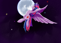 Size: 3500x2500 | Tagged: safe, artist:empress-twilight, twilight sparkle, alicorn, pony, g4, female, flying, full moon, high res, mare, moon, night, night sky, sky, solo, spread wings, stars, twilight sparkle (alicorn), wings