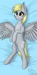 Size: 1000x2000 | Tagged: safe, artist:stravy_vox, derpy hooves, pony, g4, bed, female, out of context, signature, smiling, solo, spread wings, wings