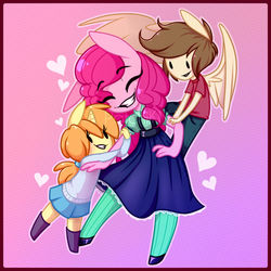 Size: 1024x1024 | Tagged: safe, artist:patchikna, pinkie pie, pound cake, pumpkin cake, anthro, g4, ambiguous facial structure, clothes, cute, diapinkes, dress, eyes closed, female, heart, male, no nose, poundabetes, pumpkinbetes, smiling, trio
