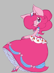 Size: 2709x3631 | Tagged: safe, artist:patchikna, pinkie pie, earth pony, anthro, g4, the best night ever, clothes, cute, diapinkes, dignified wear, dress, female, gala dress, gloves, gray background, high res, one eye closed, open mouth, simple background, solo, wink